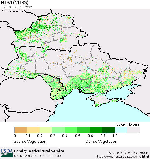 Ukraine, Moldova and Belarus NDVI (VIIRS) Thematic Map For 1/11/2022 - 1/20/2022