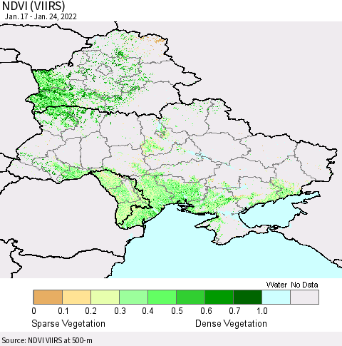 Ukraine, Moldova and Belarus NDVI (VIIRS) Thematic Map For 1/17/2022 - 1/24/2022