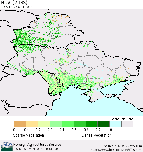 Ukraine, Moldova and Belarus NDVI (VIIRS) Thematic Map For 1/21/2022 - 1/31/2022