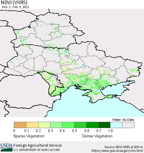 Ukraine, Moldova and Belarus NDVI (VIIRS) Thematic Map For 2/1/2022 - 2/10/2022