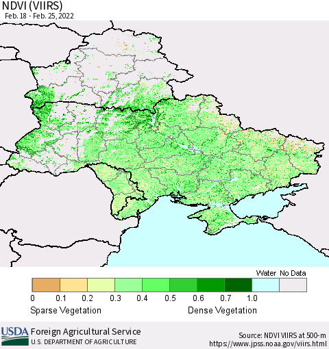 Ukraine, Moldova and Belarus NDVI (VIIRS) Thematic Map For 2/21/2022 - 2/28/2022