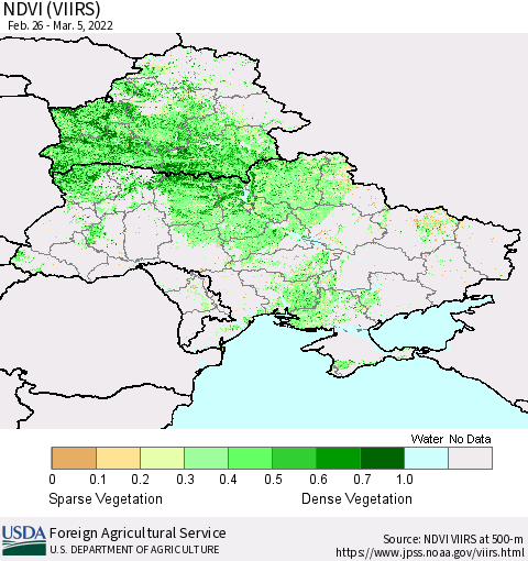 Ukraine, Moldova and Belarus NDVI (VIIRS) Thematic Map For 3/1/2022 - 3/10/2022