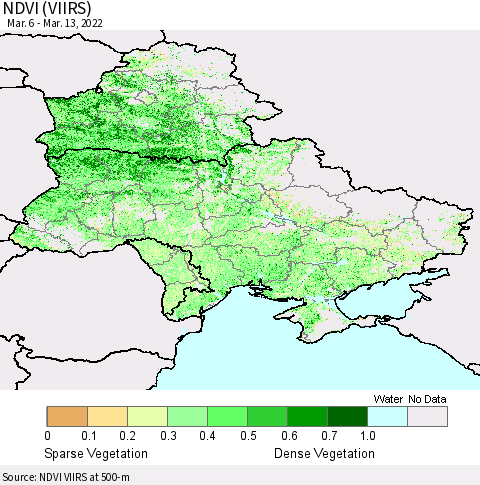 Ukraine, Moldova and Belarus NDVI (VIIRS) Thematic Map For 3/6/2022 - 3/13/2022