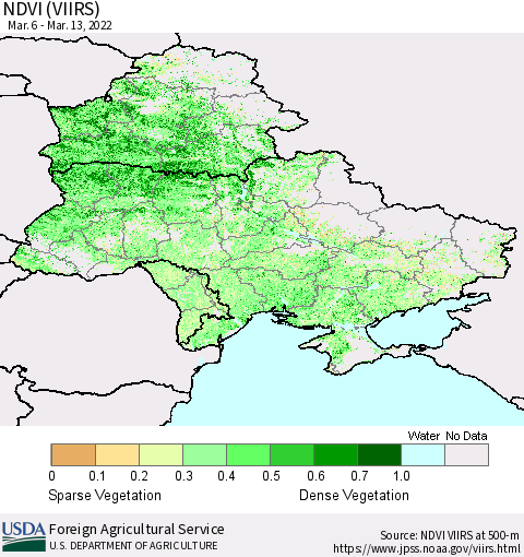 Ukraine, Moldova and Belarus NDVI (VIIRS) Thematic Map For 3/11/2022 - 3/20/2022