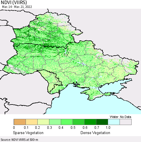 Ukraine, Moldova and Belarus NDVI (VIIRS) Thematic Map For 3/14/2022 - 3/21/2022