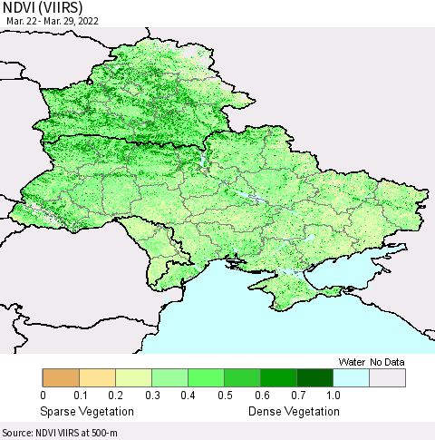 Ukraine, Moldova and Belarus NDVI (VIIRS) Thematic Map For 3/22/2022 - 3/29/2022