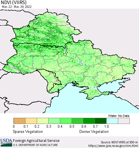 Ukraine, Moldova and Belarus NDVI (VIIRS) Thematic Map For 3/21/2022 - 3/31/2022