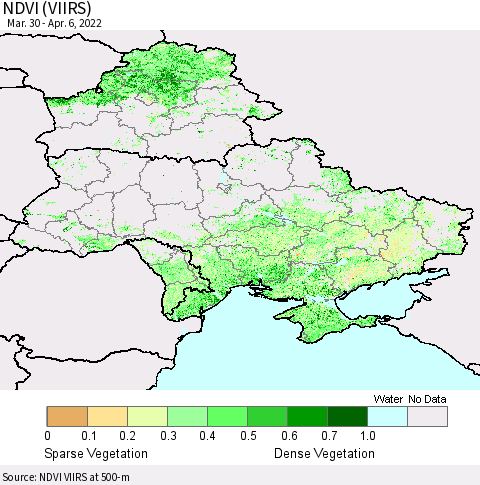 Ukraine, Moldova and Belarus NDVI (VIIRS) Thematic Map For 3/30/2022 - 4/6/2022