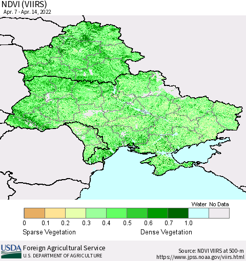 Ukraine, Moldova and Belarus NDVI (VIIRS) Thematic Map For 4/11/2022 - 4/20/2022