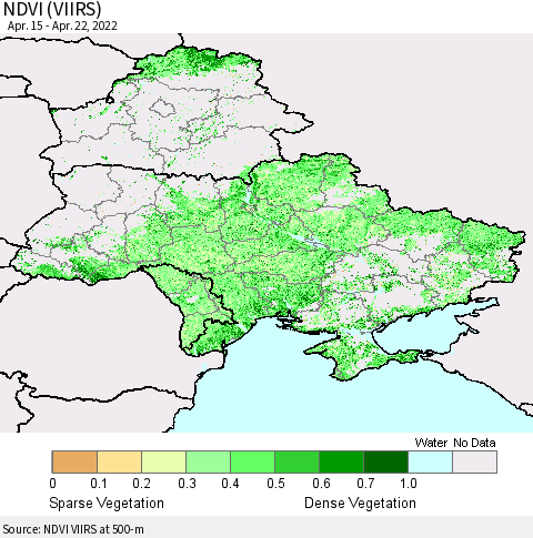 Ukraine, Moldova and Belarus NDVI (VIIRS) Thematic Map For 4/15/2022 - 4/22/2022