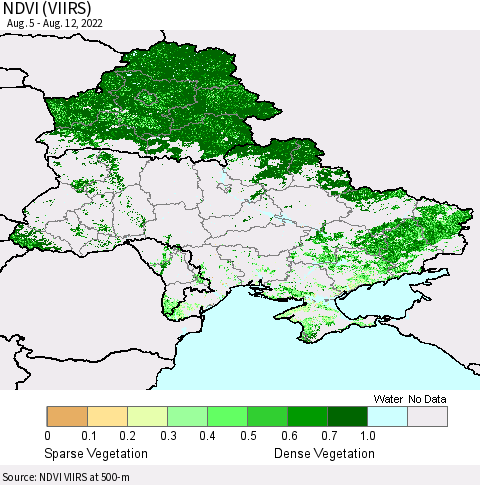 Ukraine, Moldova and Belarus NDVI (VIIRS) Thematic Map For 8/5/2022 - 8/12/2022