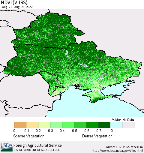 Ukraine, Moldova and Belarus NDVI (VIIRS) Thematic Map For 8/21/2022 - 8/31/2022