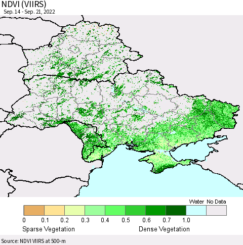 Ukraine, Moldova and Belarus NDVI (VIIRS) Thematic Map For 9/14/2022 - 9/21/2022