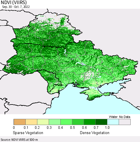 Ukraine, Moldova and Belarus NDVI (VIIRS) Thematic Map For 9/30/2022 - 10/7/2022
