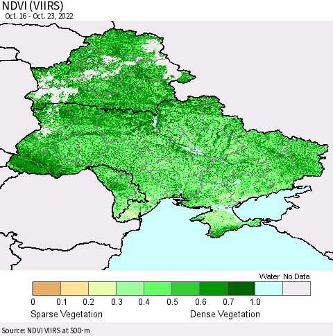 Ukraine, Moldova and Belarus NDVI (VIIRS) Thematic Map For 10/16/2022 - 10/23/2022