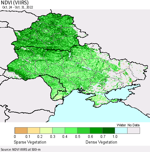 Ukraine, Moldova and Belarus NDVI (VIIRS) Thematic Map For 10/24/2022 - 10/31/2022