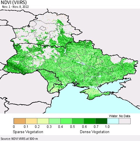 Ukraine, Moldova and Belarus NDVI (VIIRS) Thematic Map For 11/1/2022 - 11/8/2022