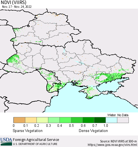 Ukraine, Moldova and Belarus NDVI (VIIRS) Thematic Map For 11/21/2022 - 11/30/2022