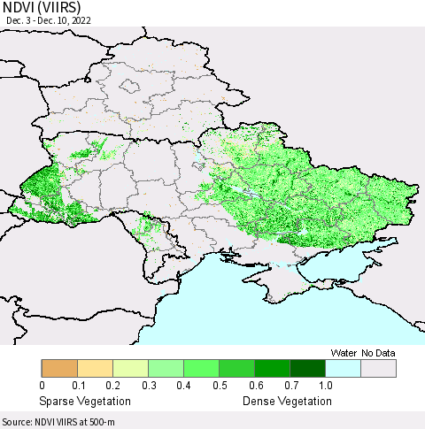Ukraine, Moldova and Belarus NDVI (VIIRS) Thematic Map For 12/3/2022 - 12/10/2022