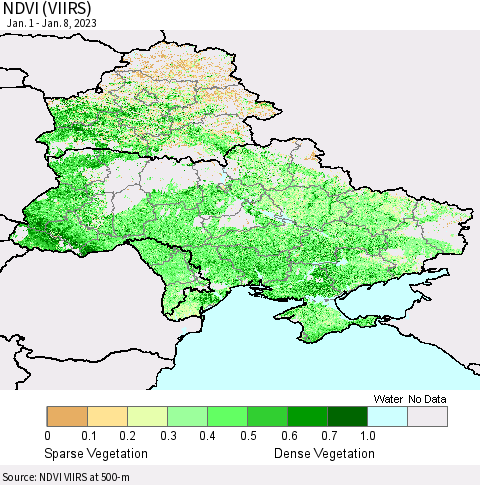 Ukraine, Moldova and Belarus NDVI (VIIRS) Thematic Map For 1/1/2023 - 1/8/2023