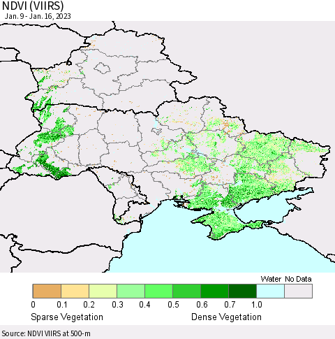 Ukraine, Moldova and Belarus NDVI (VIIRS) Thematic Map For 1/9/2023 - 1/16/2023