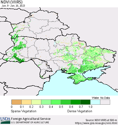Ukraine, Moldova and Belarus NDVI (VIIRS) Thematic Map For 1/11/2023 - 1/20/2023