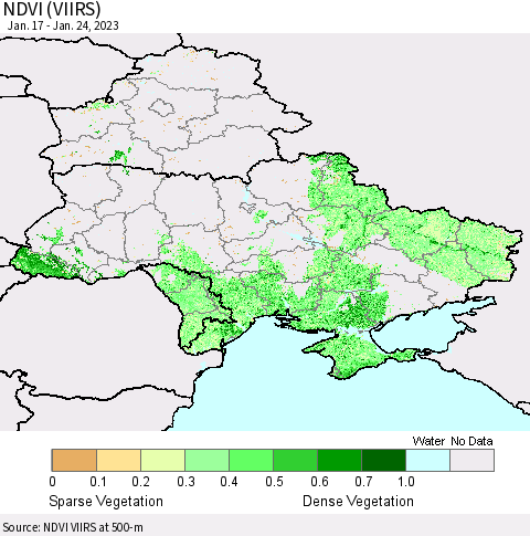 Ukraine, Moldova and Belarus NDVI (VIIRS) Thematic Map For 1/17/2023 - 1/24/2023