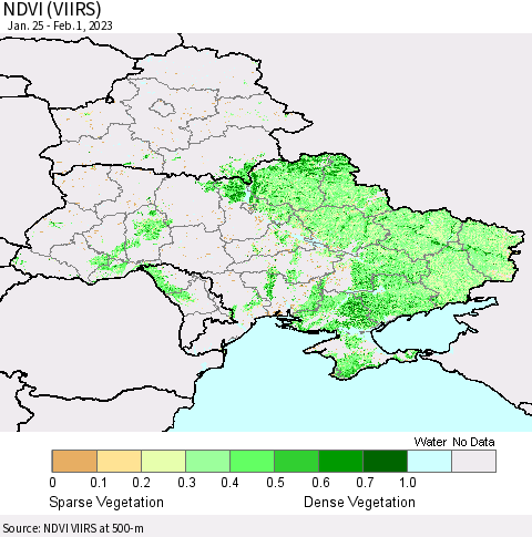 Ukraine, Moldova and Belarus NDVI (VIIRS) Thematic Map For 1/25/2023 - 2/1/2023