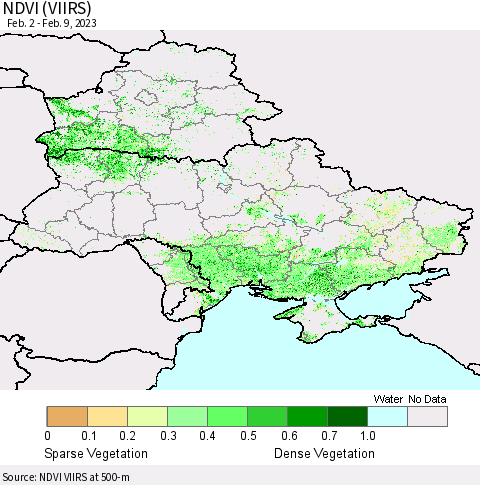 Ukraine, Moldova and Belarus NDVI (VIIRS) Thematic Map For 2/2/2023 - 2/9/2023