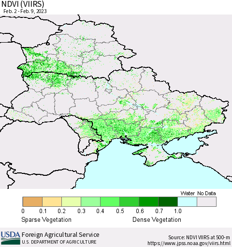 Ukraine, Moldova and Belarus NDVI (VIIRS) Thematic Map For 2/1/2023 - 2/10/2023
