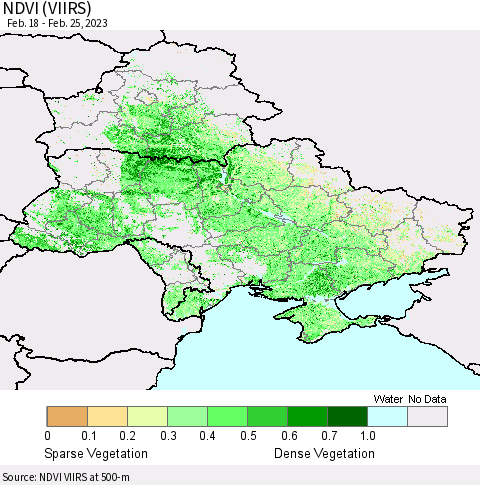 Ukraine, Moldova and Belarus NDVI (VIIRS) Thematic Map For 2/18/2023 - 2/25/2023