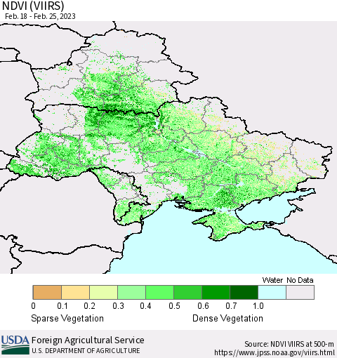 Ukraine, Moldova and Belarus NDVI (VIIRS) Thematic Map For 2/21/2023 - 2/28/2023