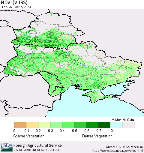 Ukraine, Moldova and Belarus NDVI (VIIRS) Thematic Map For 3/1/2023 - 3/10/2023