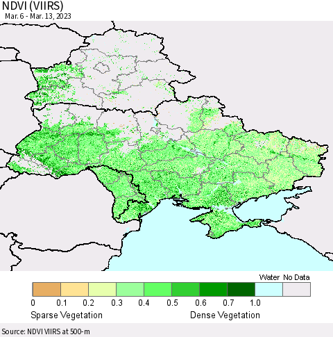 Ukraine, Moldova and Belarus NDVI (VIIRS) Thematic Map For 3/6/2023 - 3/13/2023