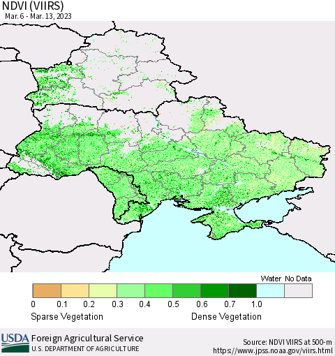 Ukraine, Moldova and Belarus NDVI (VIIRS) Thematic Map For 3/11/2023 - 3/20/2023