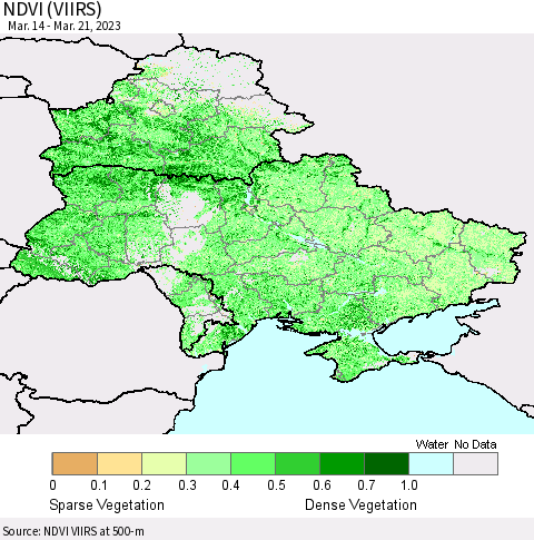 Ukraine, Moldova and Belarus NDVI (VIIRS) Thematic Map For 3/14/2023 - 3/21/2023