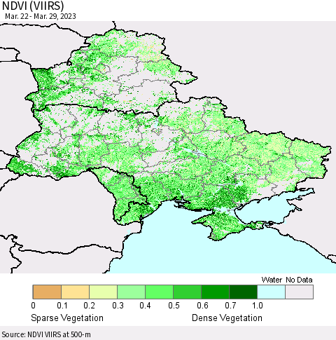 Ukraine, Moldova and Belarus NDVI (VIIRS) Thematic Map For 3/22/2023 - 3/29/2023