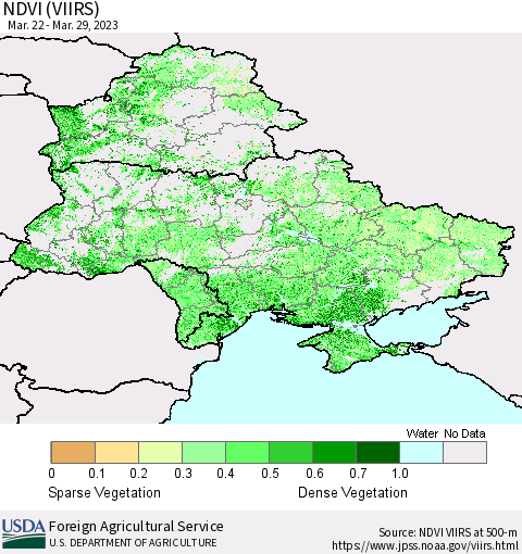 Ukraine, Moldova and Belarus NDVI (VIIRS) Thematic Map For 3/21/2023 - 3/31/2023
