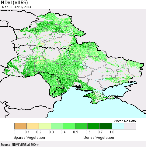 Ukraine, Moldova and Belarus NDVI (VIIRS) Thematic Map For 3/30/2023 - 4/6/2023