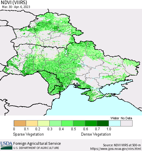 Ukraine, Moldova and Belarus NDVI (VIIRS) Thematic Map For 4/1/2023 - 4/10/2023