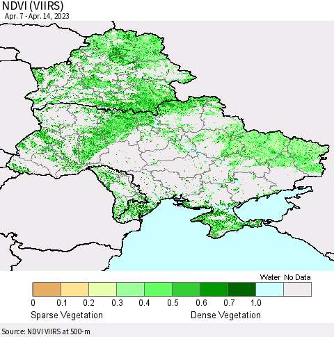 Ukraine, Moldova and Belarus NDVI (VIIRS) Thematic Map For 4/7/2023 - 4/14/2023