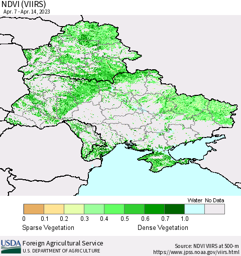 Ukraine, Moldova and Belarus NDVI (VIIRS) Thematic Map For 4/11/2023 - 4/20/2023