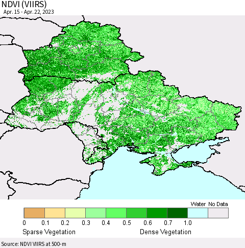 Ukraine, Moldova and Belarus NDVI (VIIRS) Thematic Map For 4/15/2023 - 4/22/2023