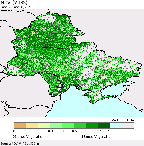 Ukraine, Moldova and Belarus NDVI (VIIRS) Thematic Map For 4/21/2023 - 4/30/2023