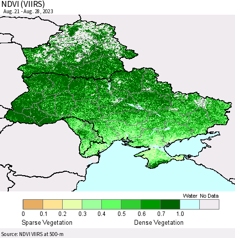 Ukraine, Moldova and Belarus NDVI (VIIRS) Thematic Map For 8/21/2023 - 8/28/2023