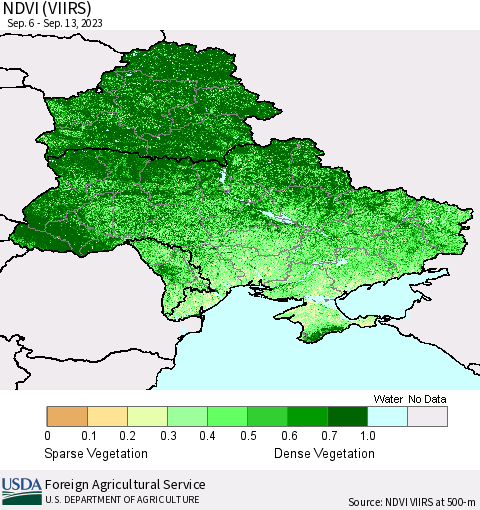 Ukraine, Moldova and Belarus NDVI (VIIRS) Thematic Map For 9/11/2023 - 9/20/2023