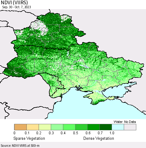 Ukraine, Moldova and Belarus NDVI (VIIRS) Thematic Map For 9/30/2023 - 10/7/2023