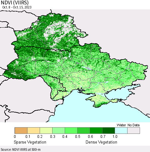 Ukraine, Moldova and Belarus NDVI (VIIRS) Thematic Map For 10/8/2023 - 10/15/2023