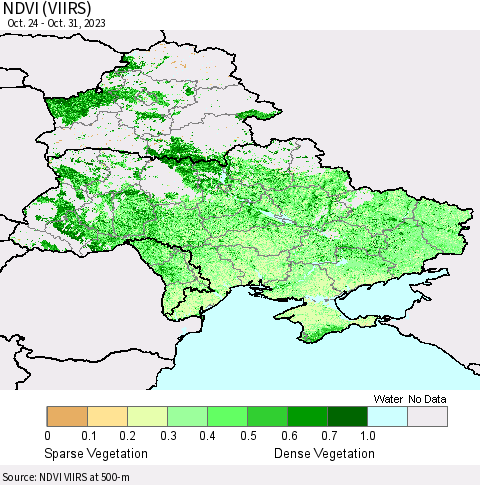 Ukraine, Moldova and Belarus NDVI (VIIRS) Thematic Map For 10/24/2023 - 10/31/2023