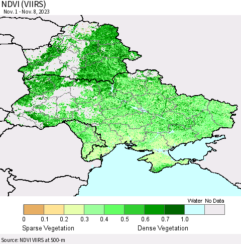 Ukraine, Moldova and Belarus NDVI (VIIRS) Thematic Map For 11/1/2023 - 11/8/2023